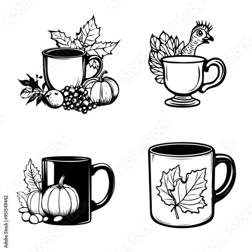 Thanksgiving Autumn Harvest Mug Designs  Black and White Illustrations