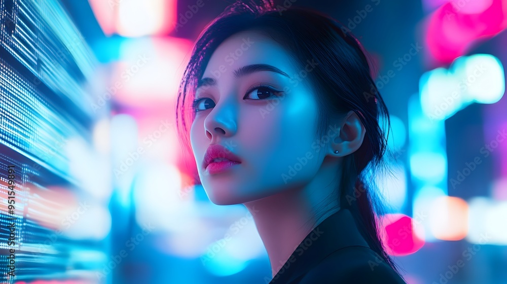 Futuristic Portrait of Young Asian Woman Amid Neon Lights and Holographic City Scape in Style Futuristic Portrait of Young Asian Woman Amid Neon Lights and Holographic City Scape in Style