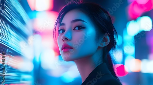 Futuristic Portrait of Young Asian Woman Amid Neon Lights and Holographic City Scape in Style