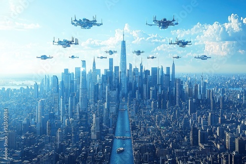 Futuristic Cityscape with Drones Flying Over Skyscrapers photo