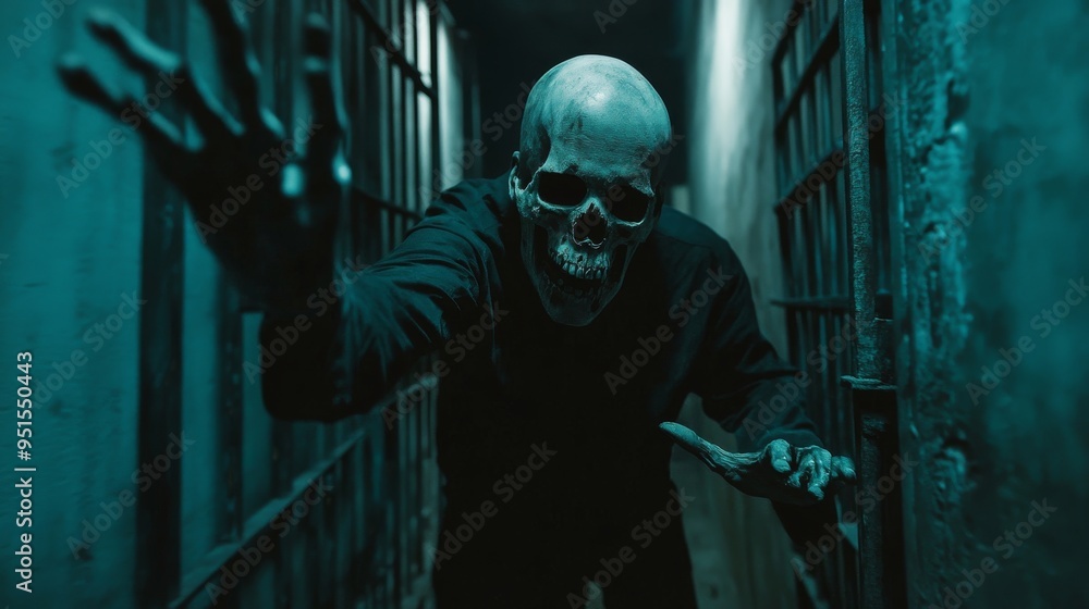 Guests encounter a skull-themed host as they enter the haunted prison cell for Halloween. Guests encounter a skull-themed host as they enter the haunted prison cell for Halloween.