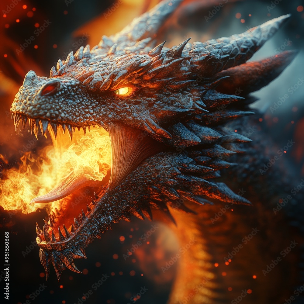 Fierce Dragon Roaring with Flames in Intense Close-Up Fierce Dragon Roaring with Flames in Intense Close-Up