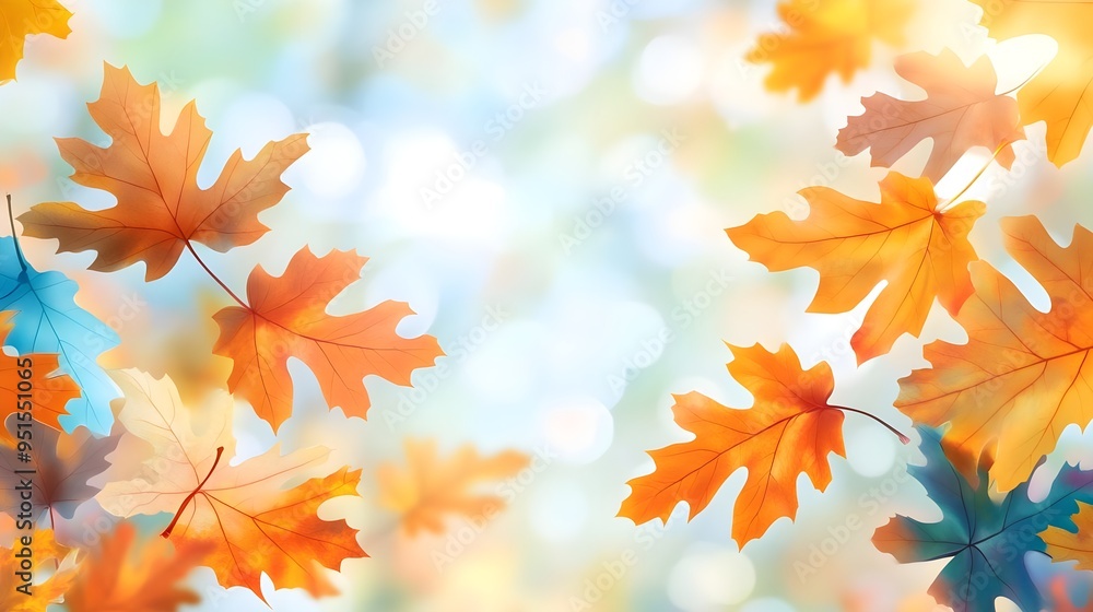 Autumn Leaves Background, Falling Orange & Blue Autumn Leaves Background, Falling Orange & Blue