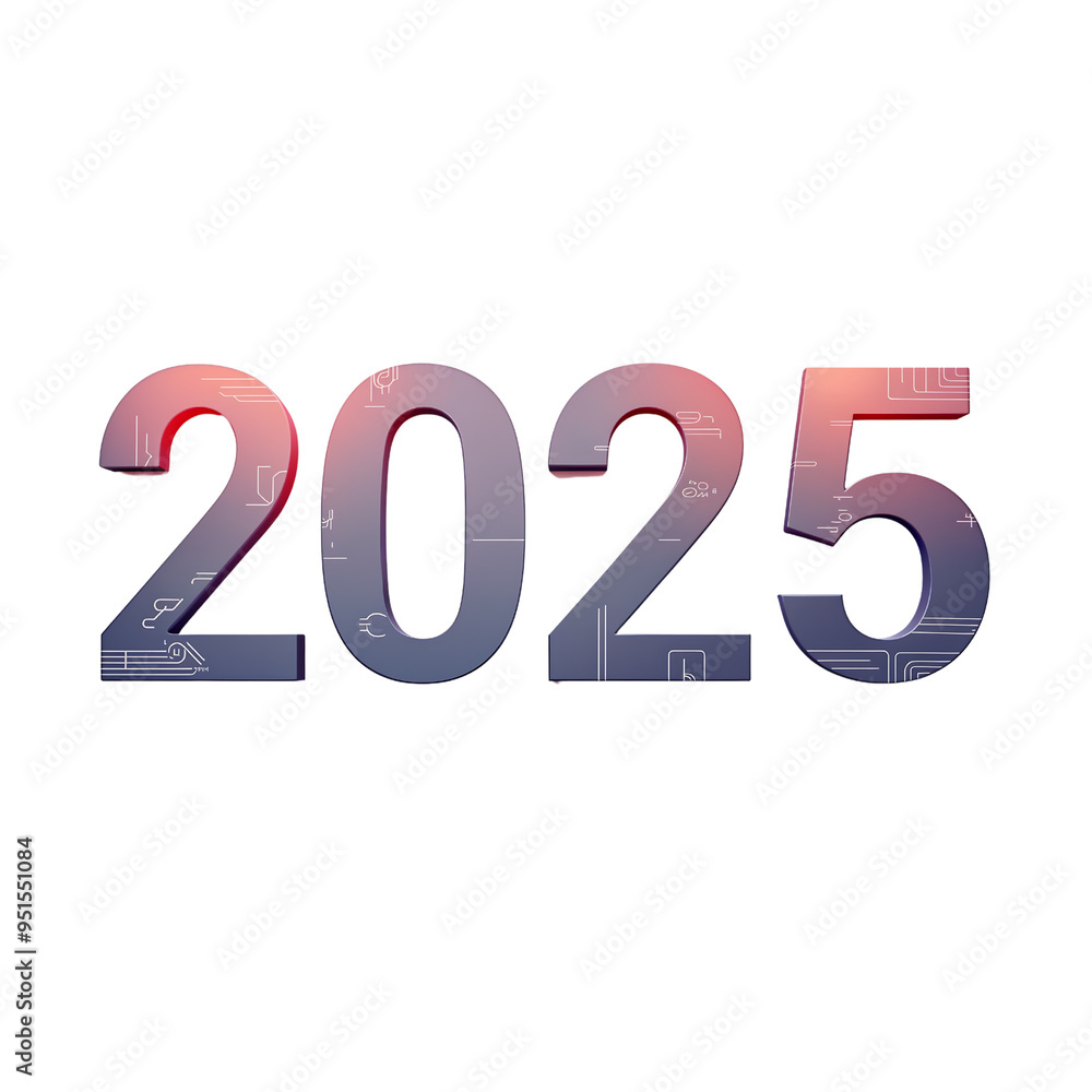 The text '2025' with futuristic font on transparent background The text '2025' with futuristic font on transparent background