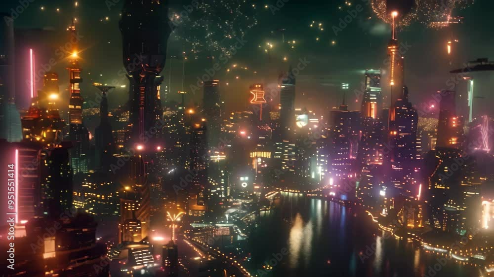A snowy, futuristic cityscape illuminated with colorful lights, showcasing New Years Eve festivities, A futuristic cityscape transformed by New Year's festivities A snowy, futuristic cityscape illuminated with colorful lights, showcasing New Years Eve festivities, A futuristic cityscape transformed by New Year's festivities