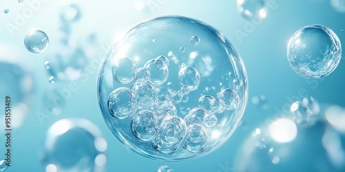 Floating Bubble with Molecules on Soft Blue Background