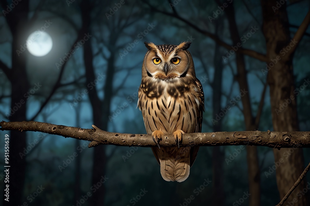 An owl perched on a branch in a dark forest at night, with a full moon.

