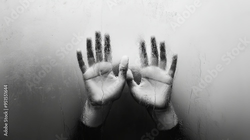 Frosted glass with hands in greyscale - representing fear and haunting dreams