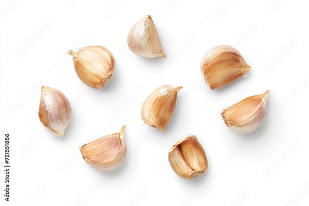 Cloves of garlic on white surface Cloves of garlic on white surface