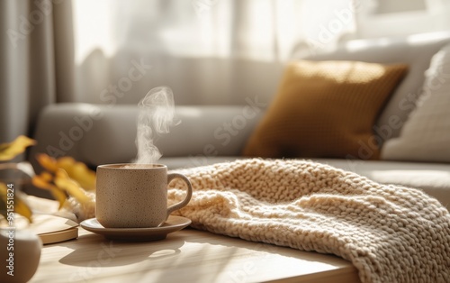 A minimalist Scandinavian living room with soft autumn light, oversized knit throw blanket, warm neutral tones, ceramic mug of steaming tea on a wooden coffee table, subtle fall decor photo