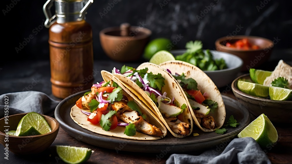 Delicious tacos filled with meat and vegetables served Delicious tacos filled with meat and vegetables served
