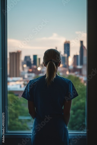 Contemplating the City Skyline from a Window photo