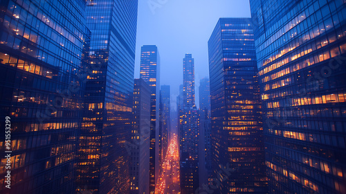 A view of a high rise glass building and a dark steel window system on a blue clear sky background. A business concept of future architecture, looking up to the sun's light on top of the building. 3D
