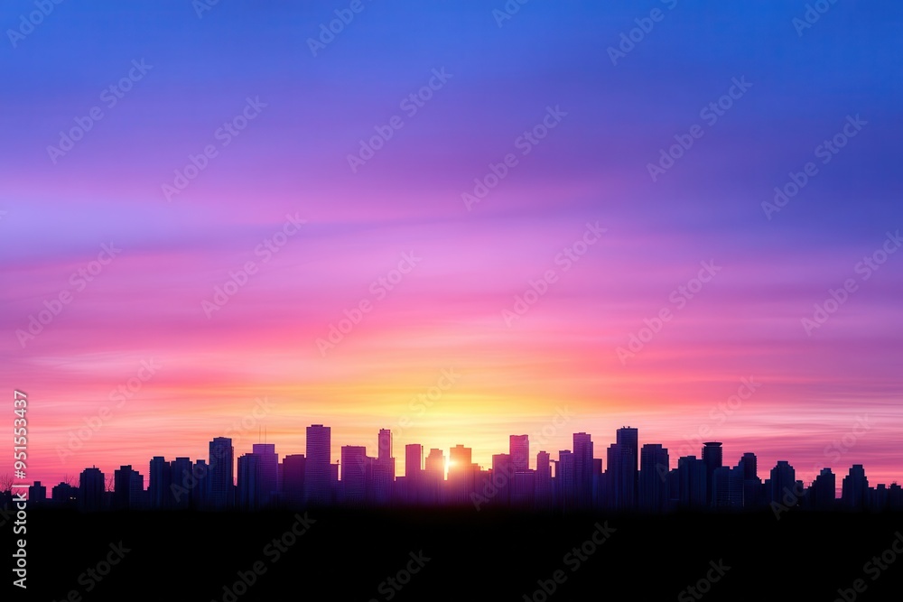 Stunning city skyline silhouetted against a vibrant sunset, showcasing beautiful hues of purple, pink, and blue. Stunning city skyline silhouetted against a vibrant sunset, showcasing beautiful hues of purple, pink, and blue.