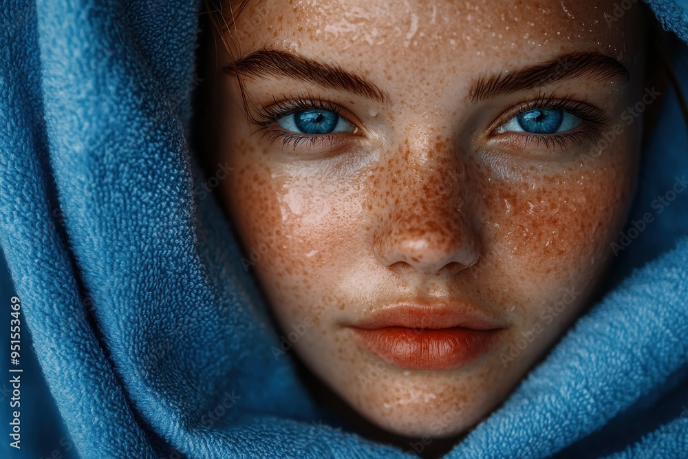 A close-up portrait of a young woman with striking blue eyes and freckles A close-up portrait of a young woman with striking blue eyes and freckles