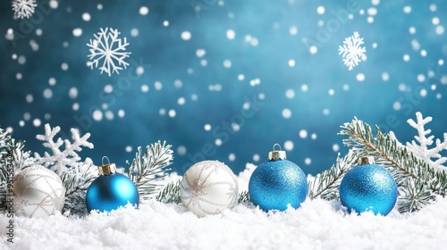 blue christmas background with snowflakes and christmas balls. Copy space backgrounds