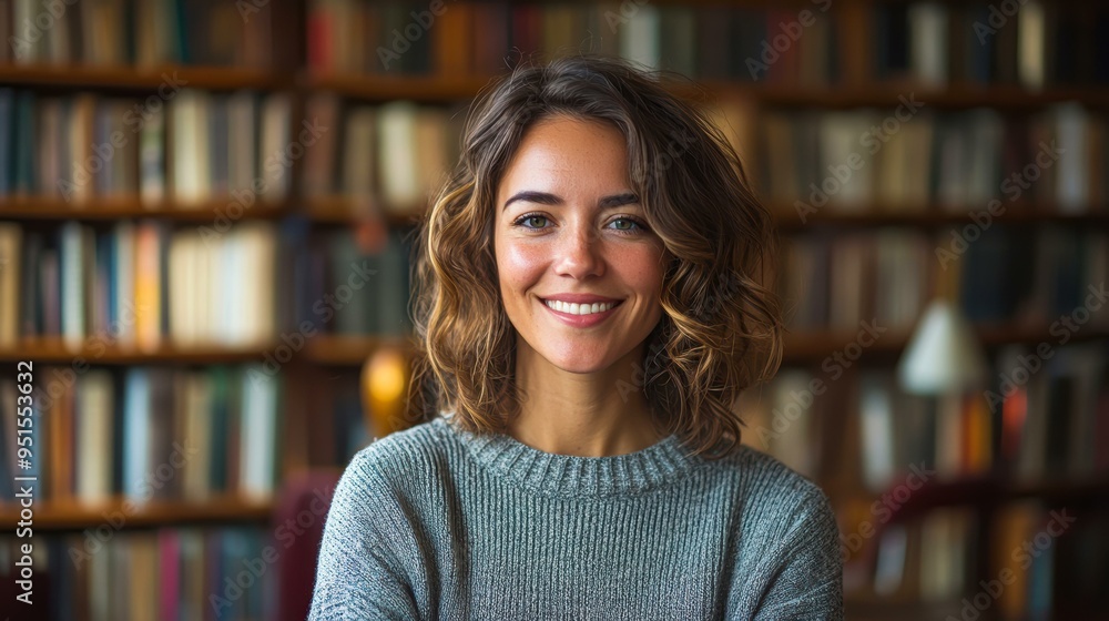 A young woman with curly hair and a gray sweater smiles confidently against a warm-lit library backdrop, perfect for educational, literary, or professional themes, A young woman with curly hair and a gray sweater smiles confidently against a warm-lit library backdrop, perfect for educational, literary, or professional themes,