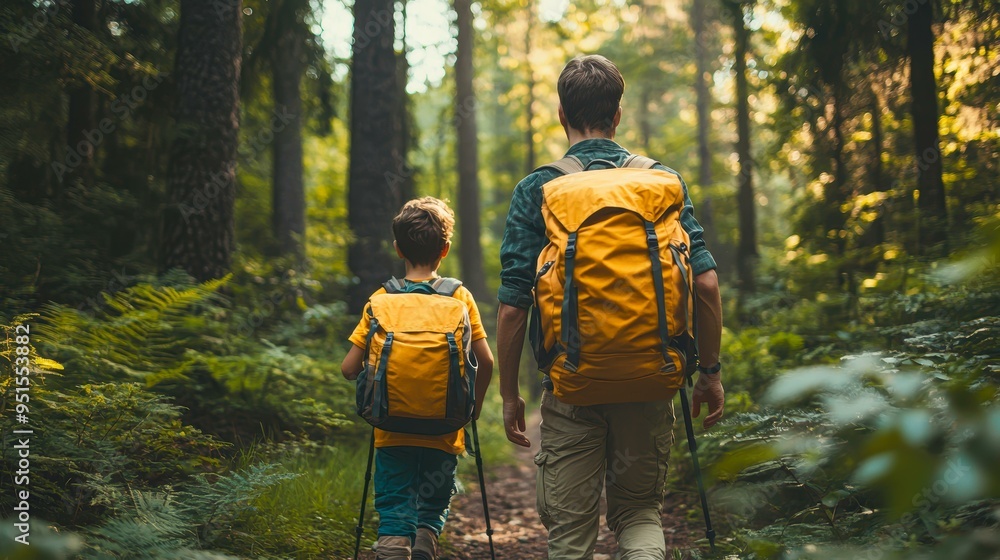 A father and son with yellow backpacks enjoy a hike in a dense forest, ideal for promoting outdoor activities, adventure travel, or family bonding in nature, A father and son with yellow backpacks enjoy a hike in a dense forest, ideal for promoting outdoor activities, adventure travel, or family bonding in nature,