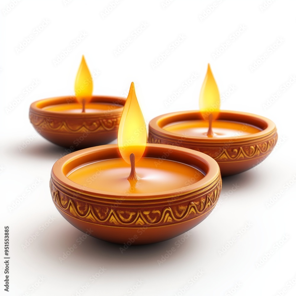 Three Burning Diya Lamps on White Background. Three Burning Diya Lamps on White Background.