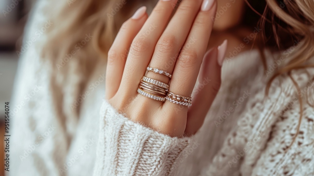 A close-up of a woman's hand adorned with multiple elegant rings, showcasing intricate designs, over a cozy knitted sweater, perfect for promoting jewelry collections, winter fashion A close-up of a woman's hand adorned with multiple elegant rings, showcasing intricate designs, over a cozy knitted sweater, perfect for promoting jewelry collections, winter fashion