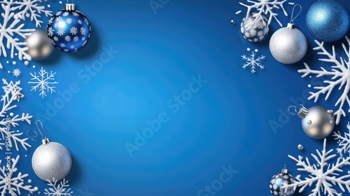 blue christmas background with snowflakes and christmas balls. Copy space backgrounds