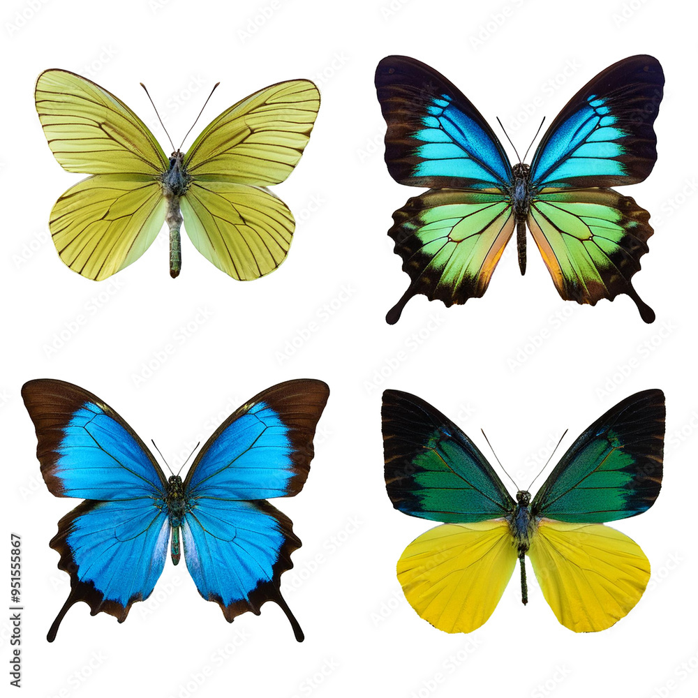 A collection of colorful butterflies with wings spread out, showcasing various types in a beautiful summer design A collection of colorful butterflies with wings spread out, showcasing various types in a beautiful summer design