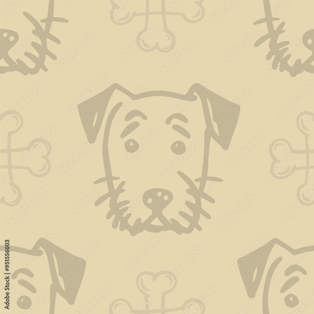 Seamless vector pattern with cute draw fluffy dogs and dog food. Simple doodle style. Grid Seamless vector pattern with cute draw fluffy dogs and dog food. Simple doodle style. Grid