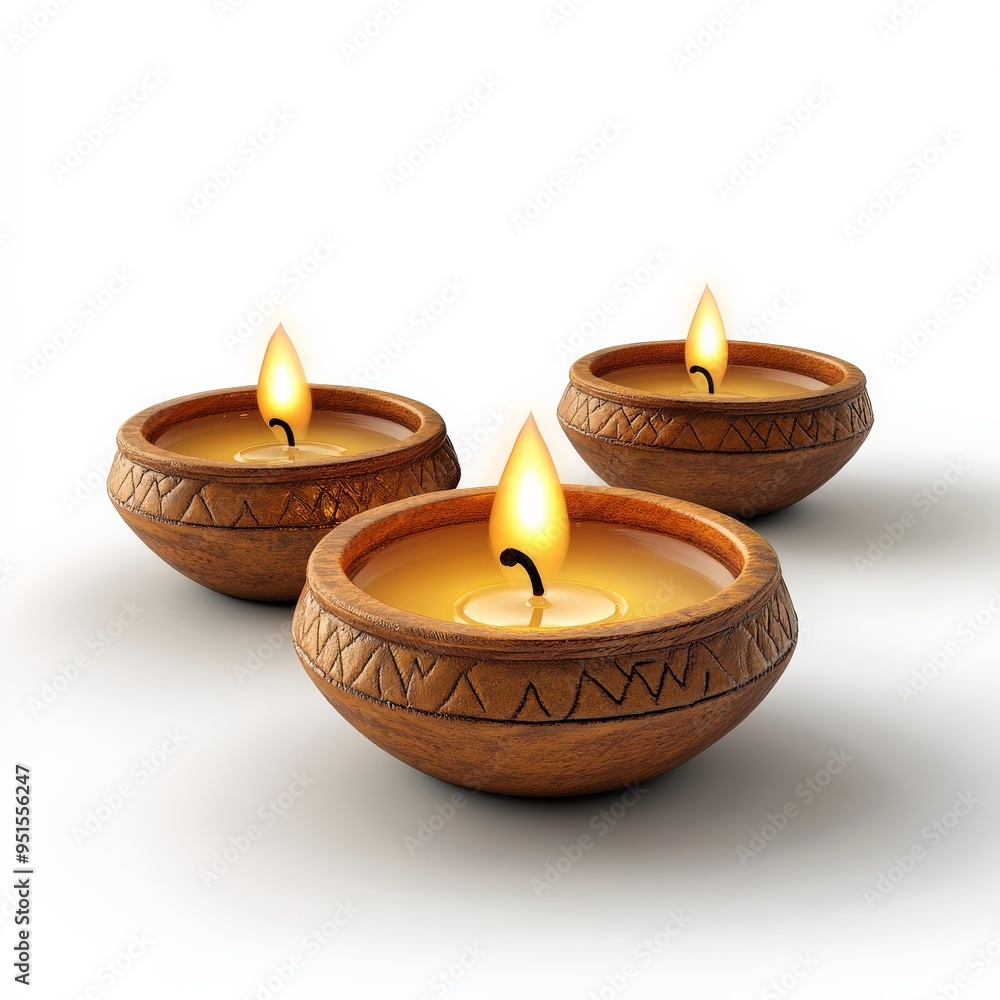 Three Burning Candles in Wooden Bowls. Three Burning Candles in Wooden Bowls.