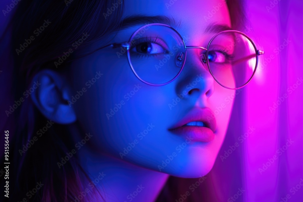 Woman with glasses on neon background Woman with glasses on neon background