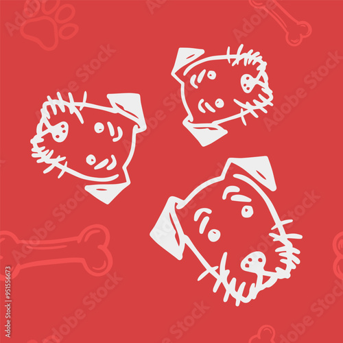 Seamless vector pattern with cute draw fluffy dogs and dog food. Simple doodle style