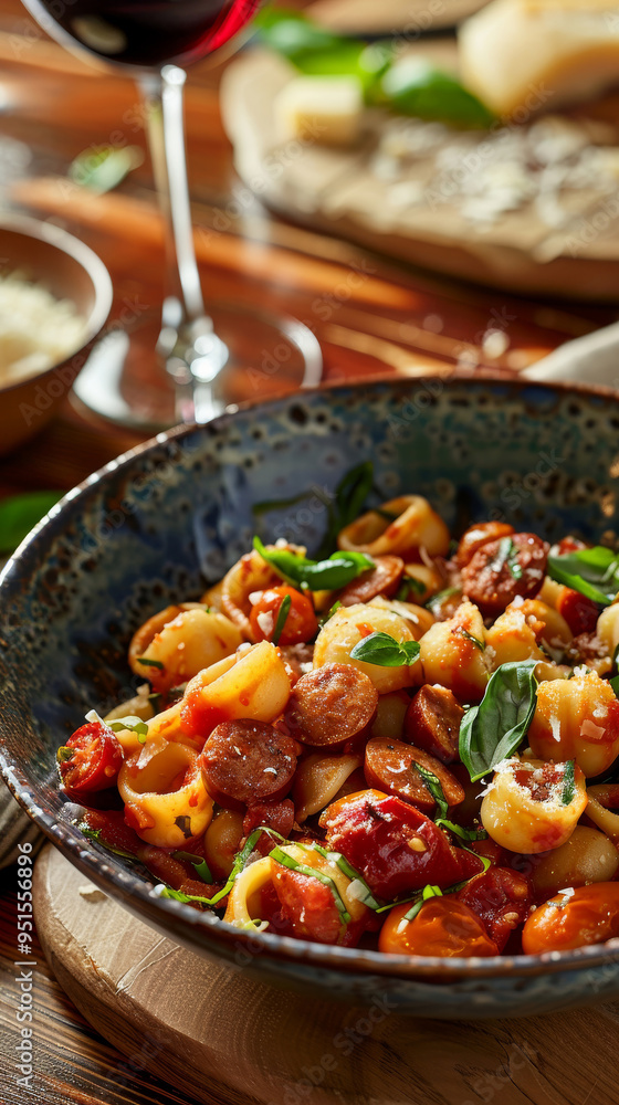 Gourmet Orecchiette with Spicy Chorizo, Cherry Tomatoes, Garlic, and Basil in Tomato Sauce Gourmet Orecchiette with Spicy Chorizo, Cherry Tomatoes, Garlic, and Basil in Tomato Sauce