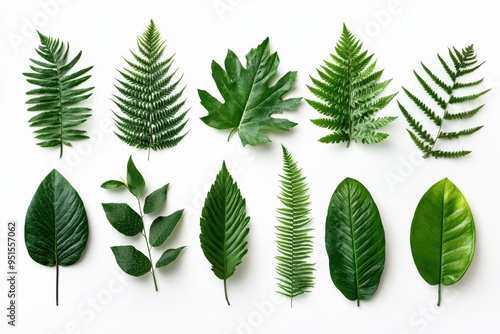 A collection of diverse green leaves arranged horizontally on a white background