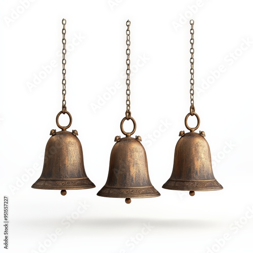 Three Antique Golden Bells Hanging on Chains.