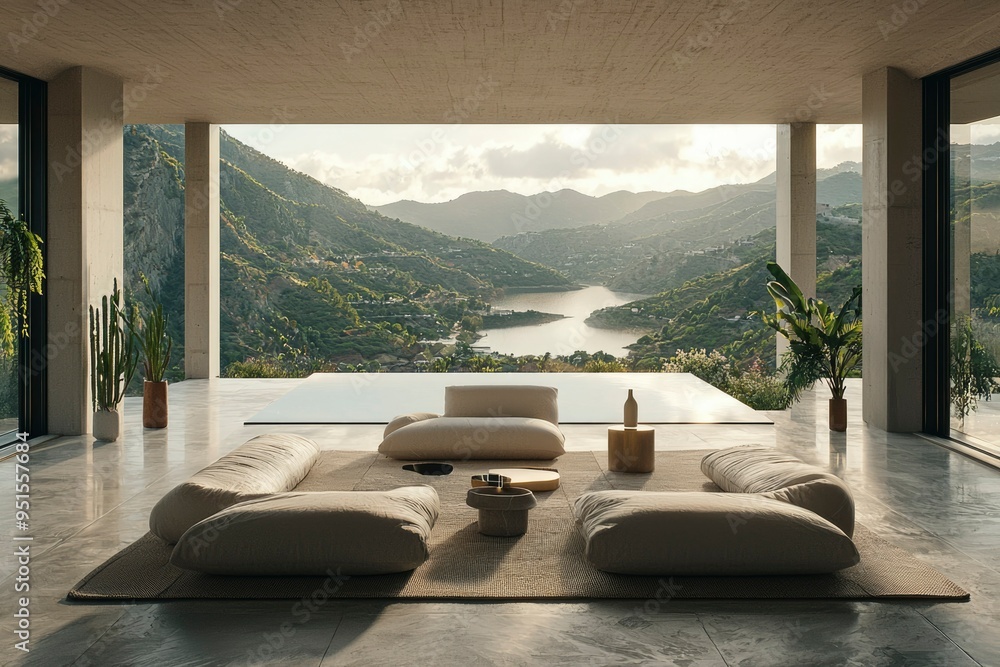 Fototapeta premium Modern Minimalist Living Space with Mountain View and Infinity Pool