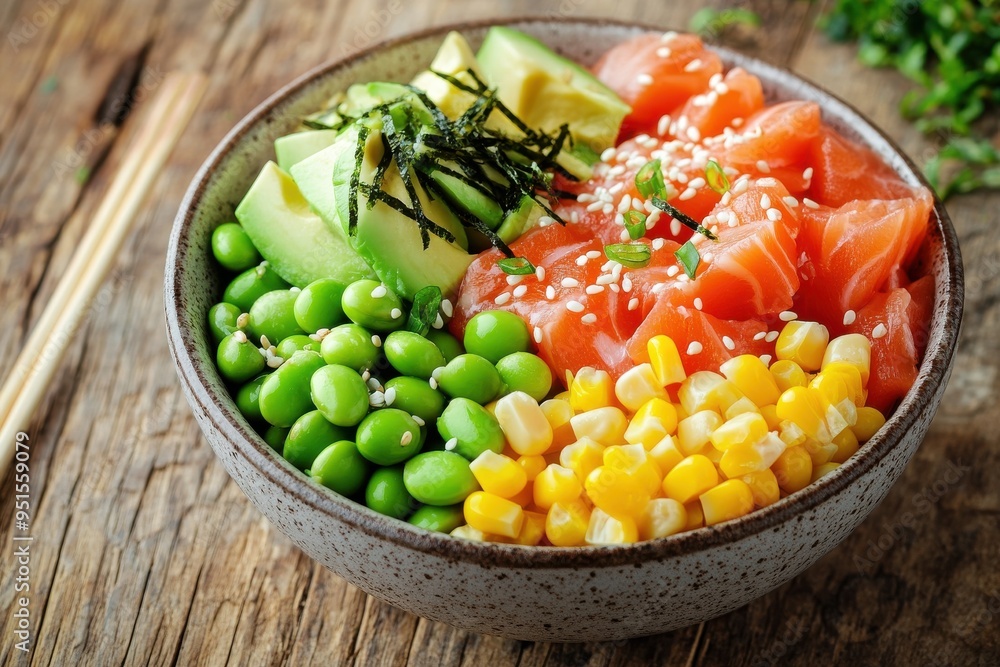 A colorful and appetizing poke bowl filled with fresh salmon edamame A colorful and appetizing poke bowl filled with fresh salmon edamame