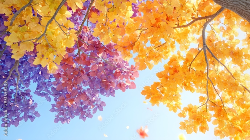 Colorful Autumn Leaves Against Blue Sky, Nature Background