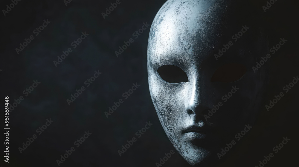 A haunting faceless mask with a smooth surface that captures and reflects subtle light, surrounded by darkness. A haunting faceless mask with a smooth surface that captures and reflects subtle light, surrounded by darkness.