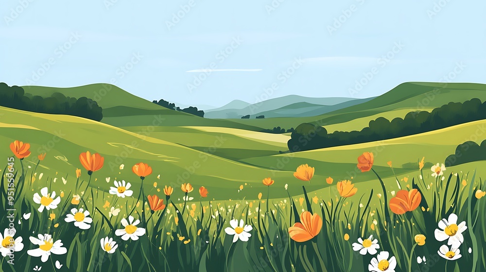 A Field of Daisies and Orange Flowers in a Rolling Green Landscape A Field of Daisies and Orange Flowers in a Rolling Green Landscape