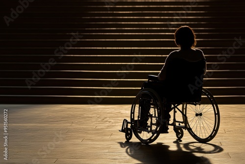 Silhouette of person in wheelchair facing steps at sunset photo