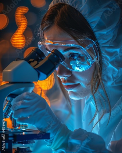 Scientist in protective gear analyzing samples with microscope in genetic research laboratory