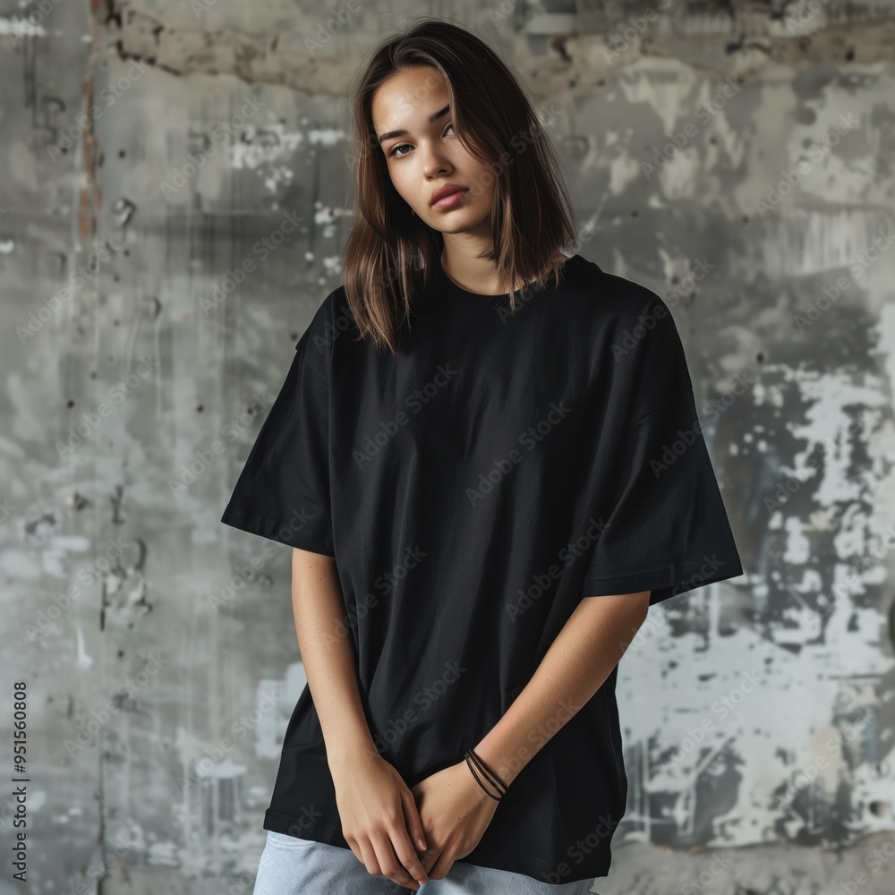 Young woman model dressed in black oversized tshirt, grunge background. Blank tee front view mockup. Youth girl short sleeve t-shirt design template. Crewneck tshirt mock up Young woman model dressed in black oversized tshirt, grunge background. Blank tee front view mockup. Youth girl short sleeve t-shirt design template. Crewneck tshirt mock up
