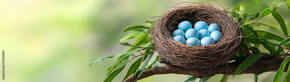 Bird nest with blue eggs on a lush tree branch, natural wildlife photography Bird nest with blue eggs on a lush tree branch, natural wildlife photography