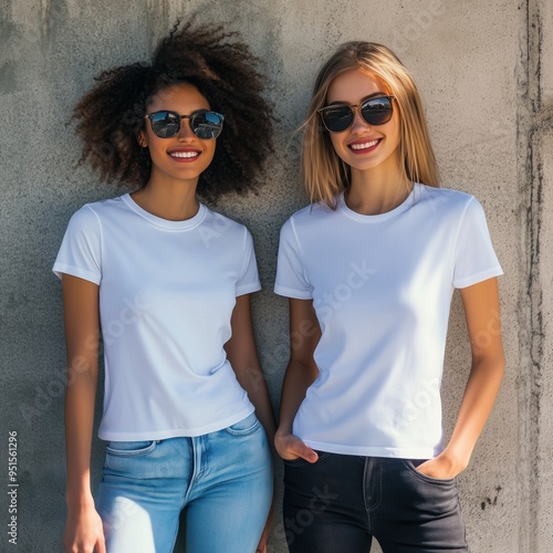 Blank t-shirt mockup with two women. Double tshirt mockup, matching design. Birthday, bridal, bachelorette, wedding party, vacation, couple, pair tees. Bestie, homegirl, soul sisters mockup 2 girls photo