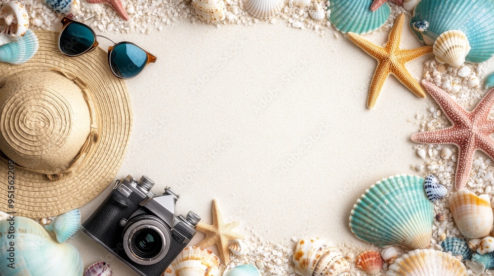 Naklejka premium A calm beach scene with a sunhat, camera, and seashells on soft sand. This flat lay composition is perfect for conveying the serenity and simplicity of a relaxing day by the sea