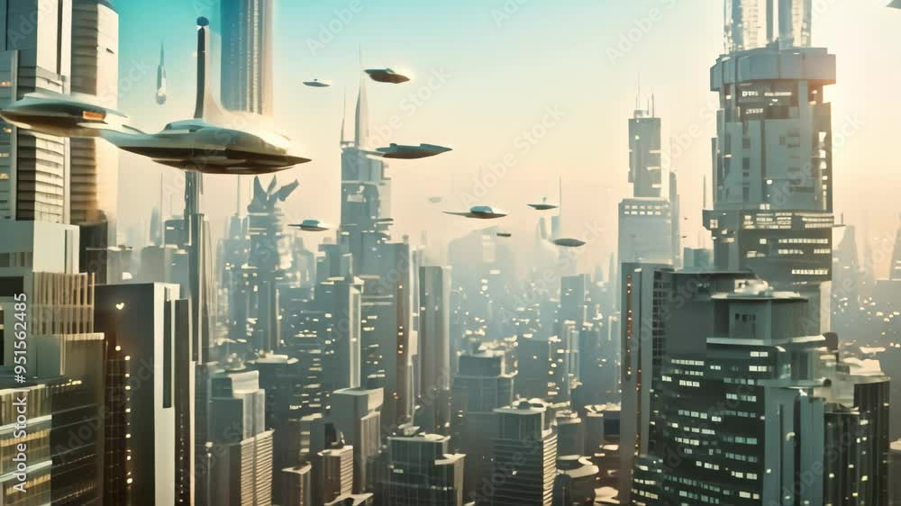 A digital video of a futuristic cityscape with flying vehicles and ...
