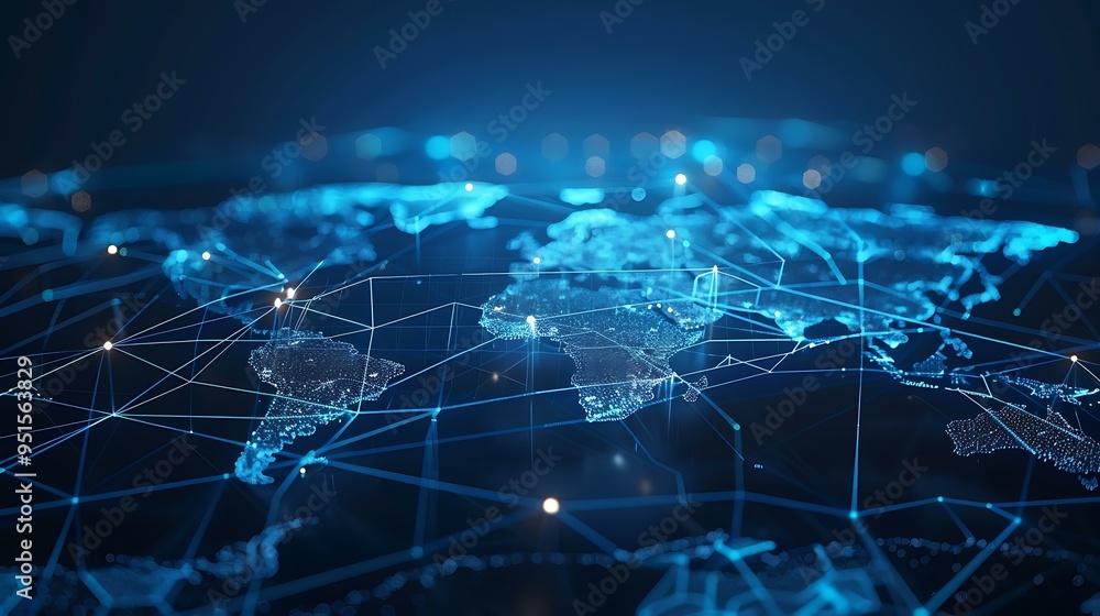 A blue glowing world map with bright lines connecting various points, representing global data transfer, against a dark cyber technology background with abstract digital elements A blue glowing world map with bright lines connecting various points, representing global data transfer, against a dark cyber technology background with abstract digital elements