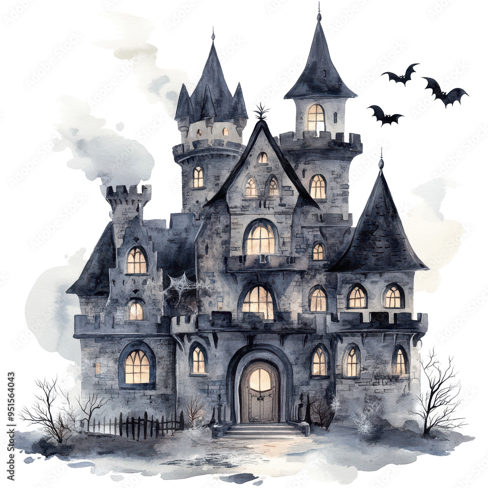 A castle with a spooky vibe, with bats flying around it. The castle is surrounded by a fence and has a large door A castle with a spooky vibe, with bats flying around it. The castle is surrounded by a fence and has a large door