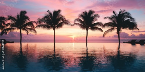 palm trees silhouetted against tropical sunset by the pool 