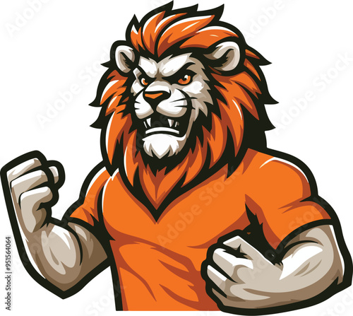 ion mascot clenching his fist, in a orange t-shirt, full body, flat design style 1