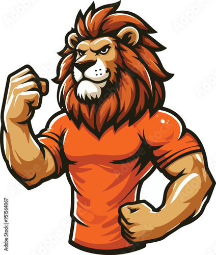 ion mascot clenching his fist, in a orange t-shirt, full body, flat design style 1